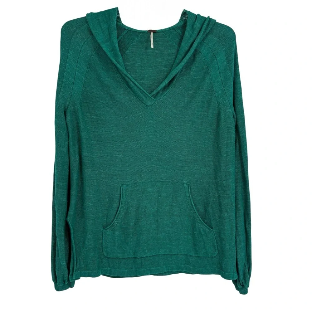 Free People Optimistic Linen Blend Green Hoodie Sweater Size Small Long Sleeves